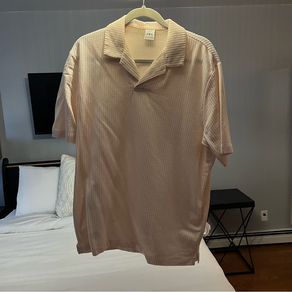 Peach and white striped Zara quarter button up - Large